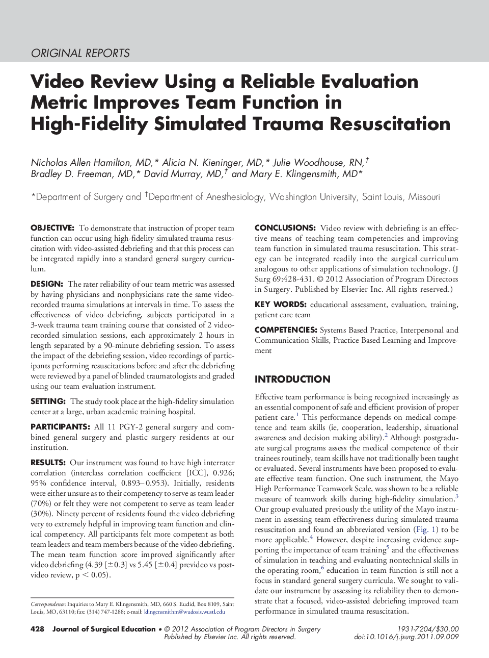 Video Review Using a Reliable Evaluation Metric Improves Team Function in High-Fidelity Simulated Trauma Resuscitation