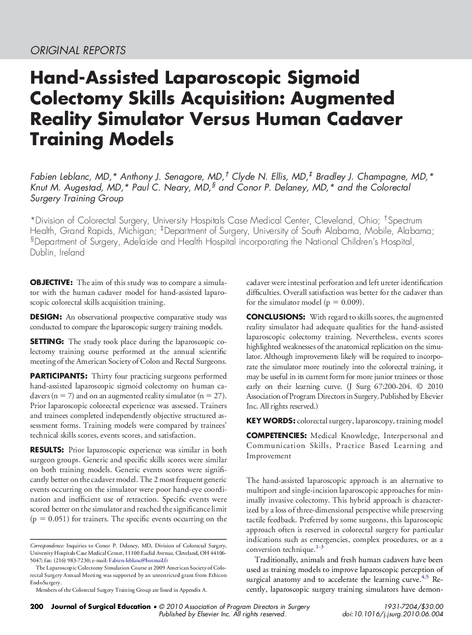 Hand-Assisted Laparoscopic Sigmoid Colectomy Skills Acquisition: Augmented Reality Simulator Versus Human Cadaver Training Models 