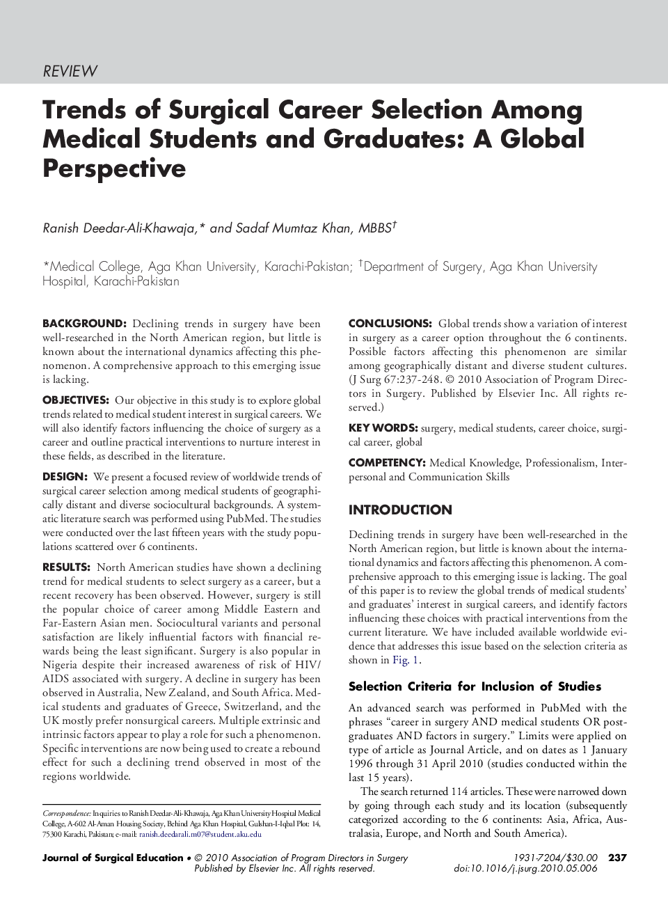 Trends of Surgical Career Selection Among Medical Students and Graduates: A Global Perspective