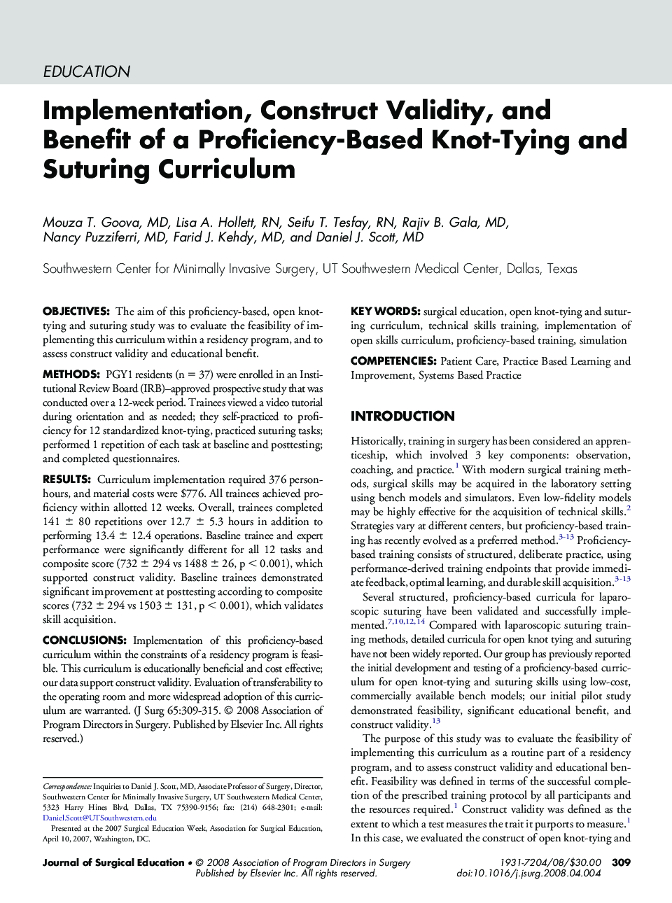 Implementation, Construct Validity, and Benefit of a Proficiency-Based Knot-Tying and Suturing Curriculum