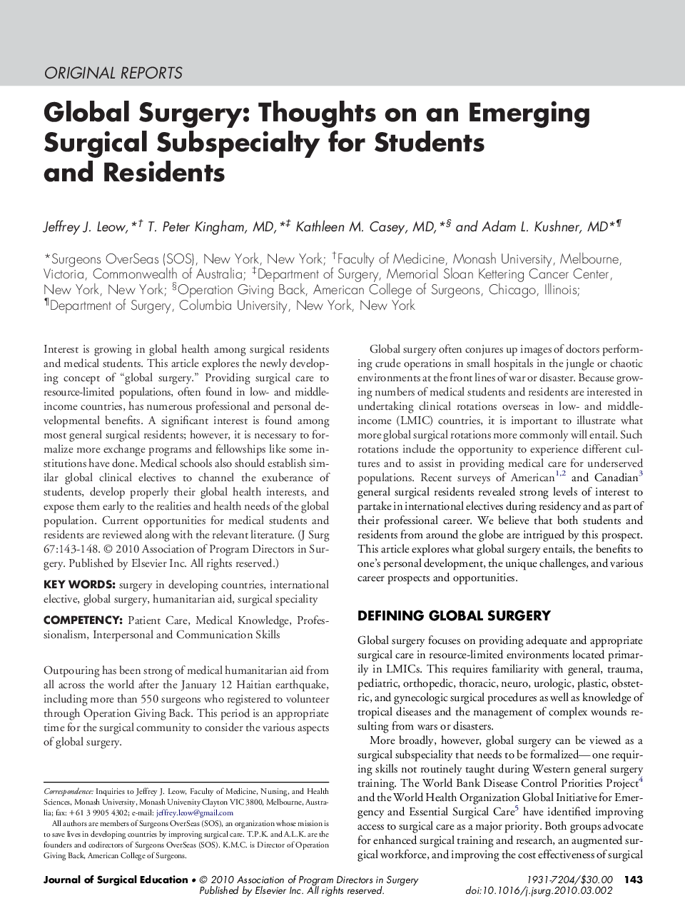 Global Surgery: Thoughts on an Emerging Surgical Subspecialty for Students and Residents 