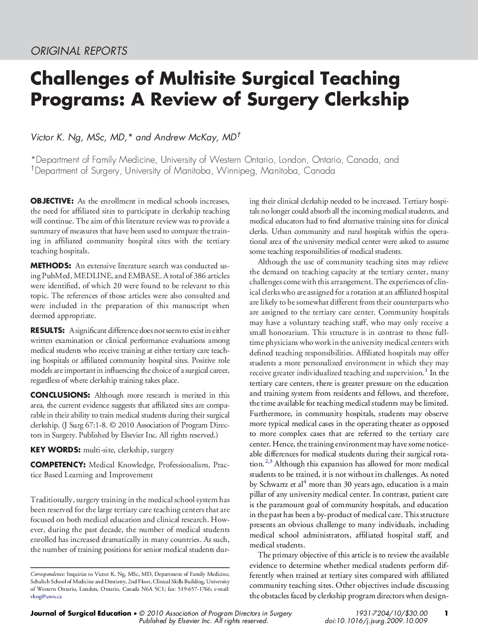 Challenges of Multisite Surgical Teaching Programs: A Review of Surgery Clerkship