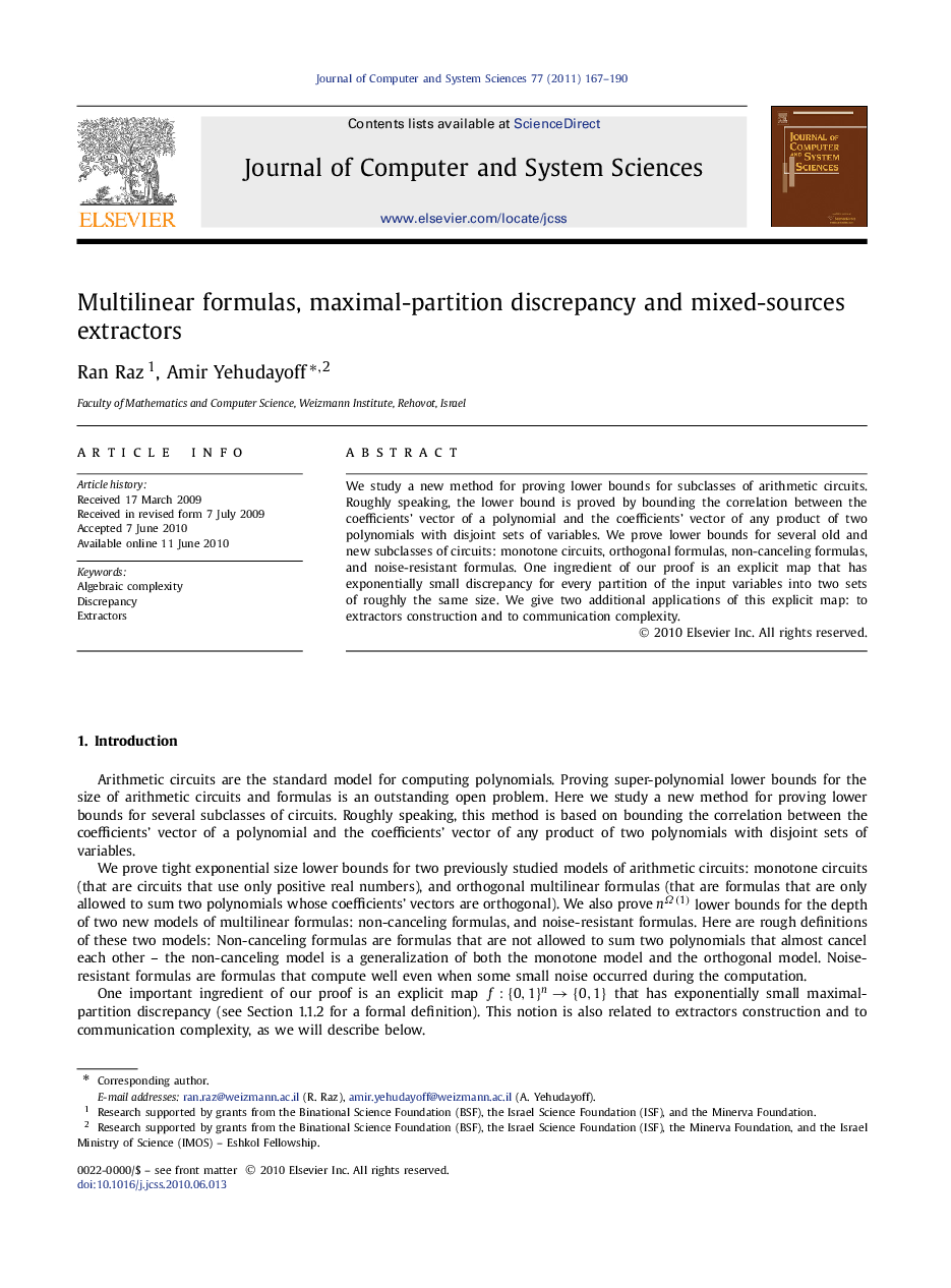 Multilinear formulas, maximal-partition discrepancy and mixed-sources extractors