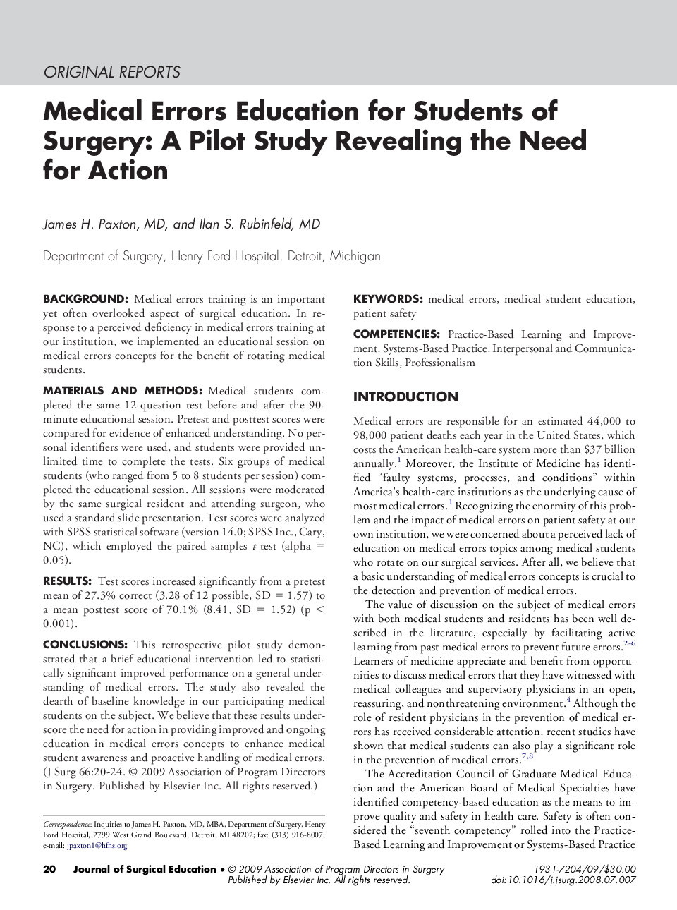 Medical Errors Education for Students of Surgery: A Pilot Study Revealing the Need for Action