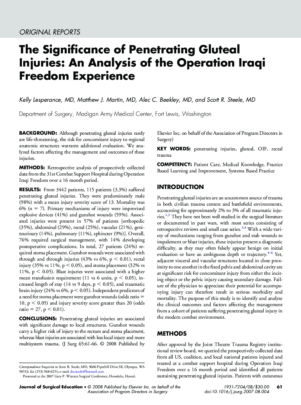 The Significance of Penetrating Gluteal Injuries: An Analysis of the Operation Iraqi Freedom Experience