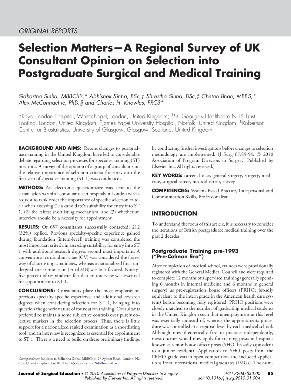 Selection Matters—A Regional Survey of UK Consultant Opinion on Selection into Postgraduate Surgical and Medical Training