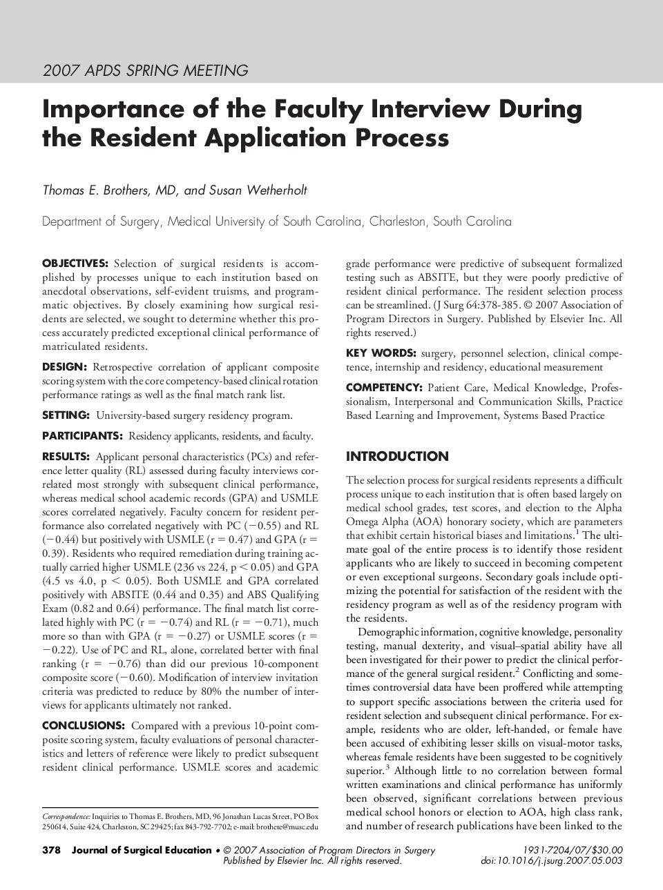 Importance of the Faculty Interview During the Resident Application Process