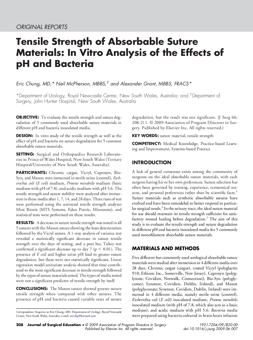 Tensile Strength of Absorbable Suture Materials: In Vitro Analysis of the Effects of pH and Bacteria