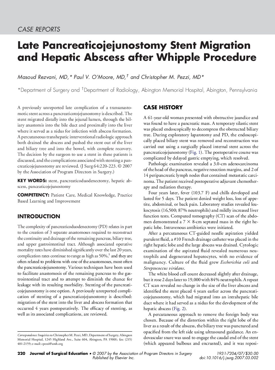 Late Pancreaticojejunostomy Stent Migration and Hepatic Abscess after Whipple Procedure