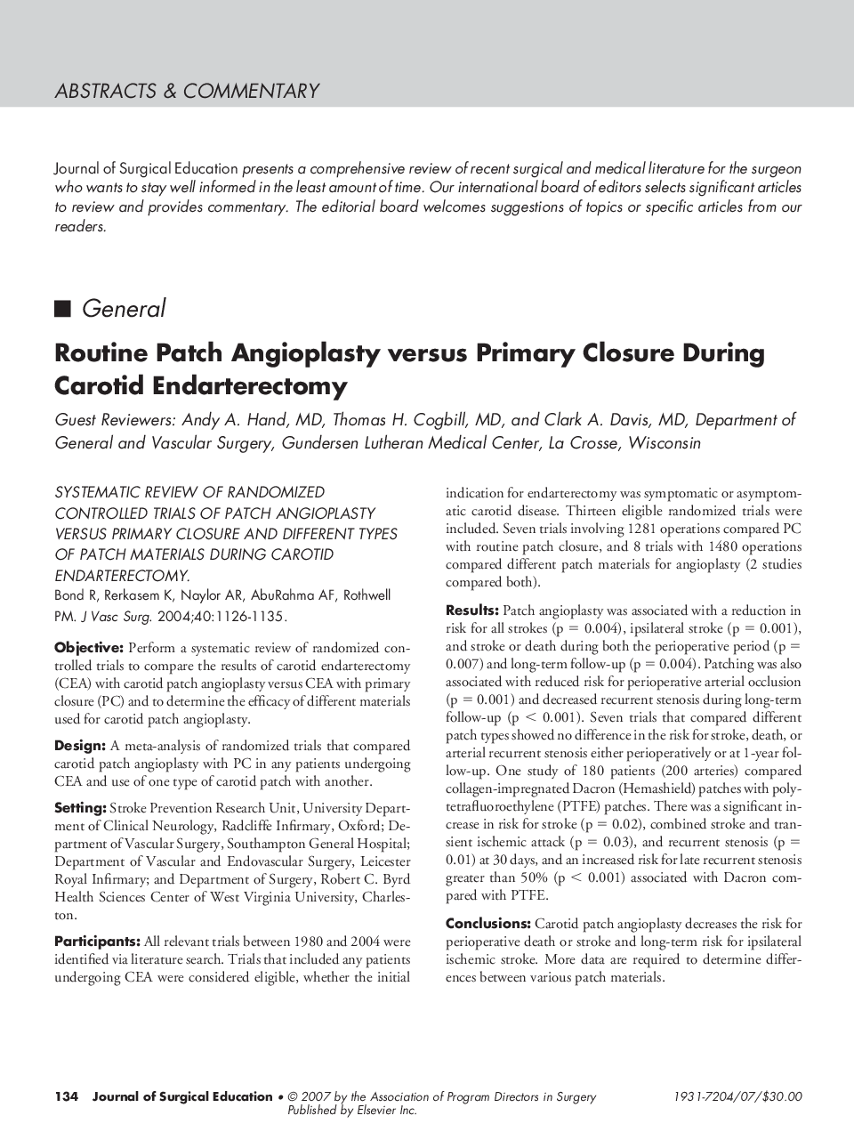Routine Patch Angioplasty versus Primary Closure During Carotid Endarterectomy