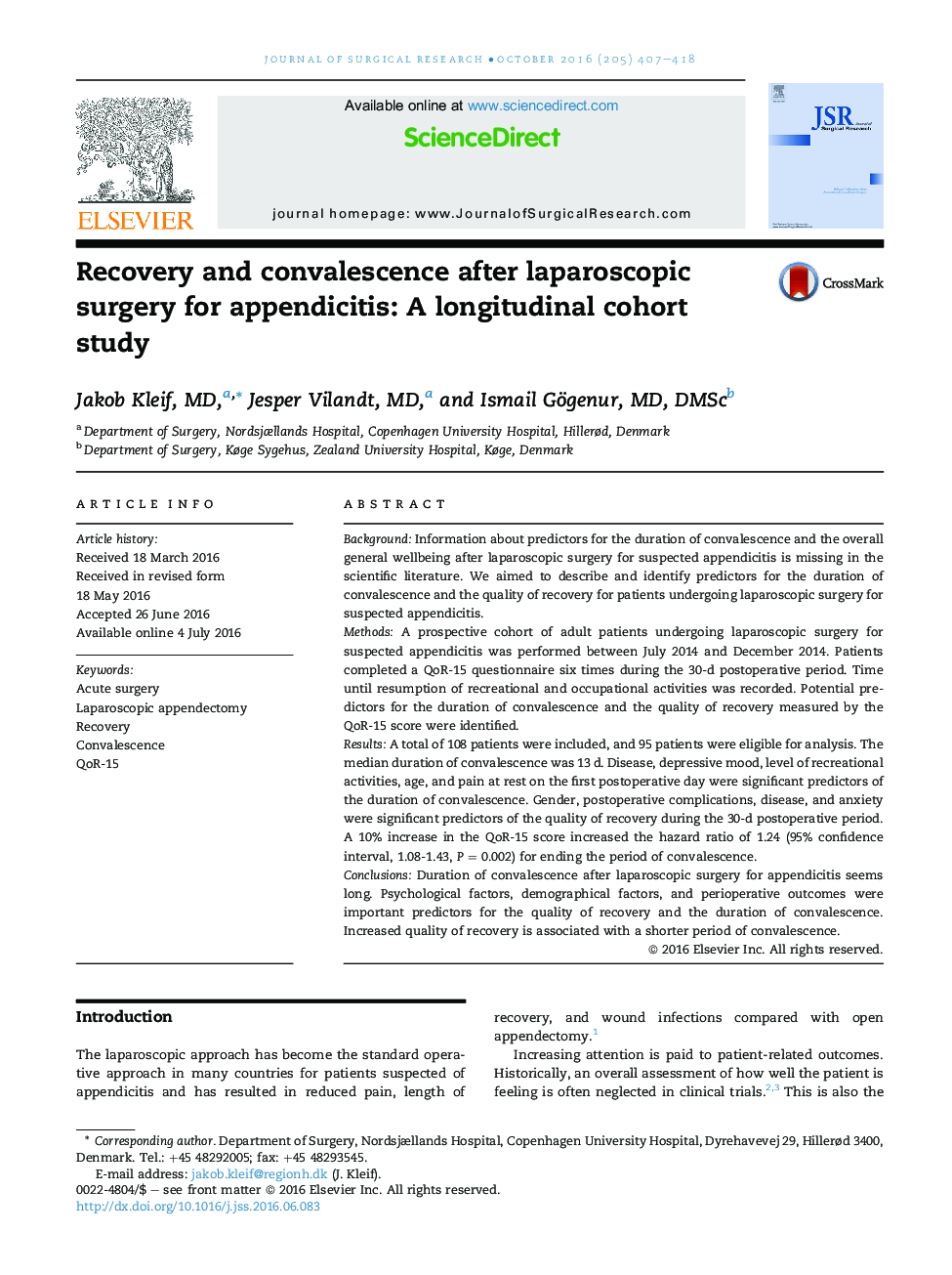 Recovery and convalescence after laparoscopic surgery for appendicitis: A longitudinal cohort study