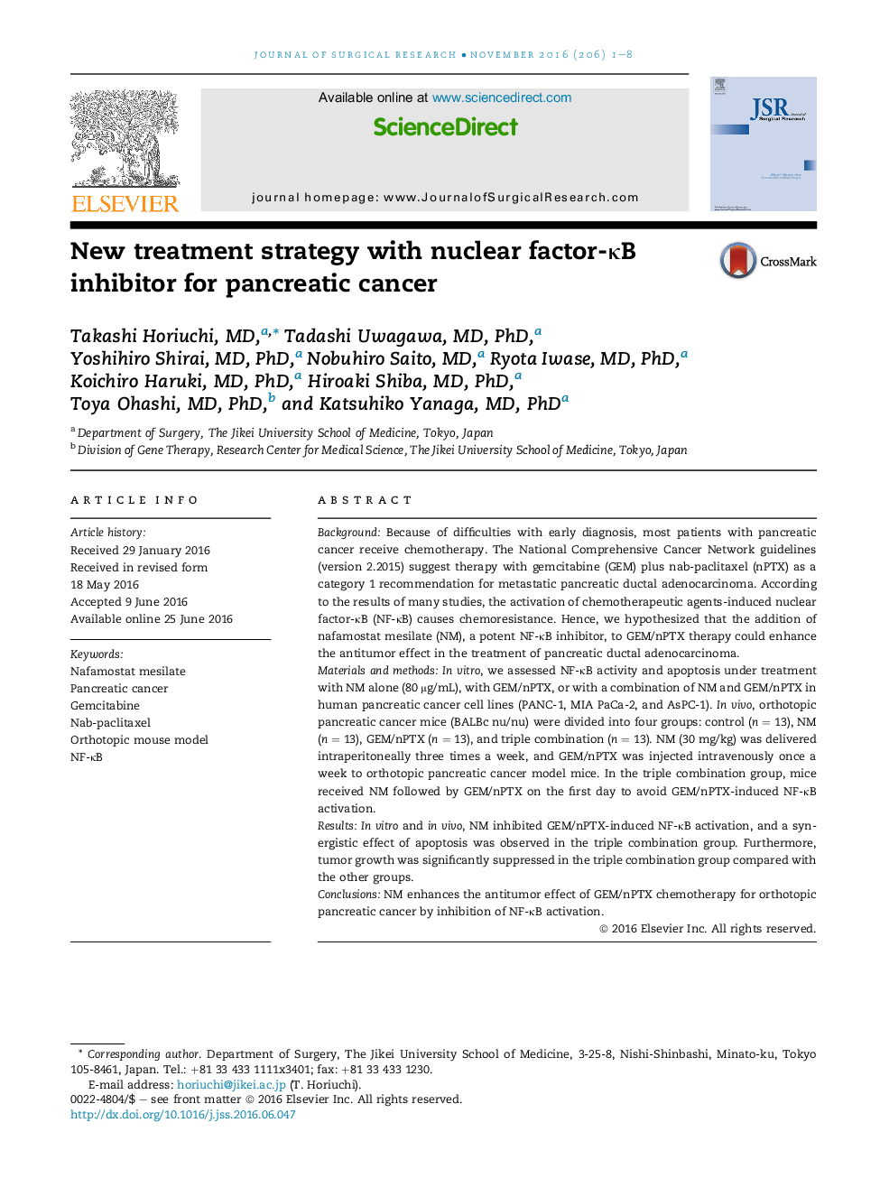 New treatment strategy with nuclear factor-κB inhibitor for pancreatic cancer