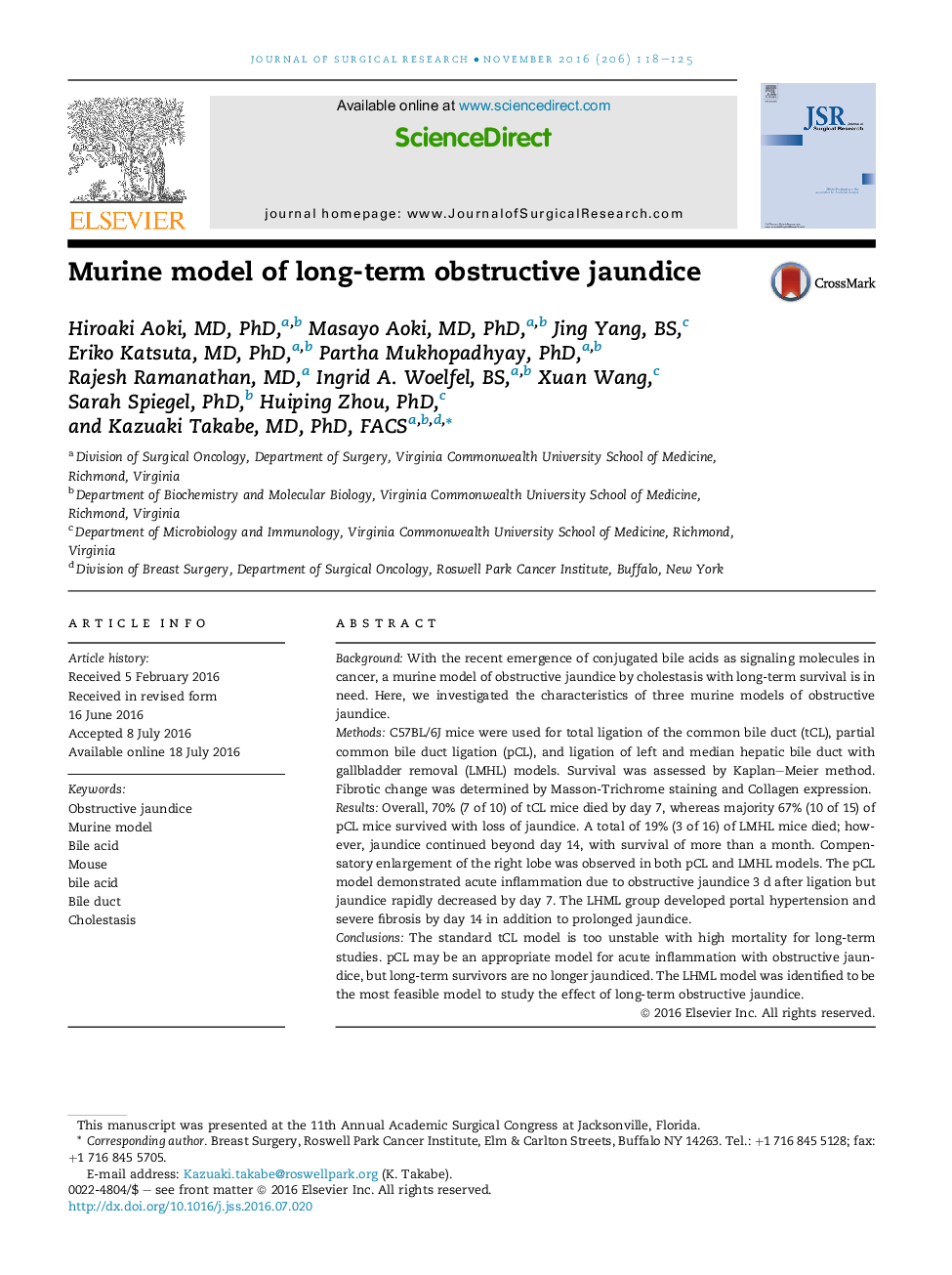 Murine model of long-term obstructive jaundice 