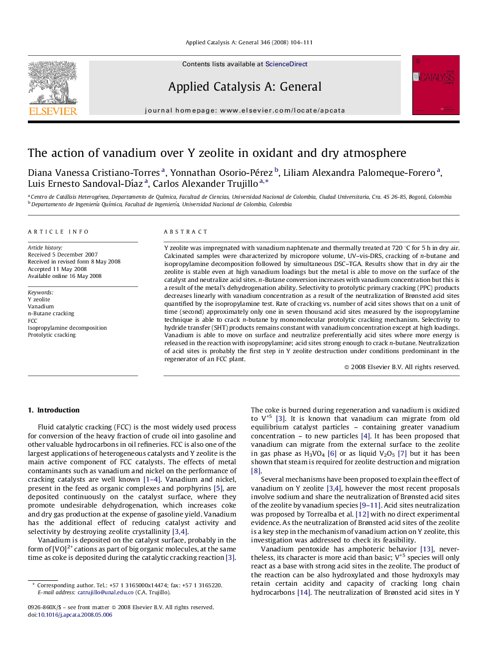 The action of vanadium over Y zeolite in oxidant and dry atmosphere