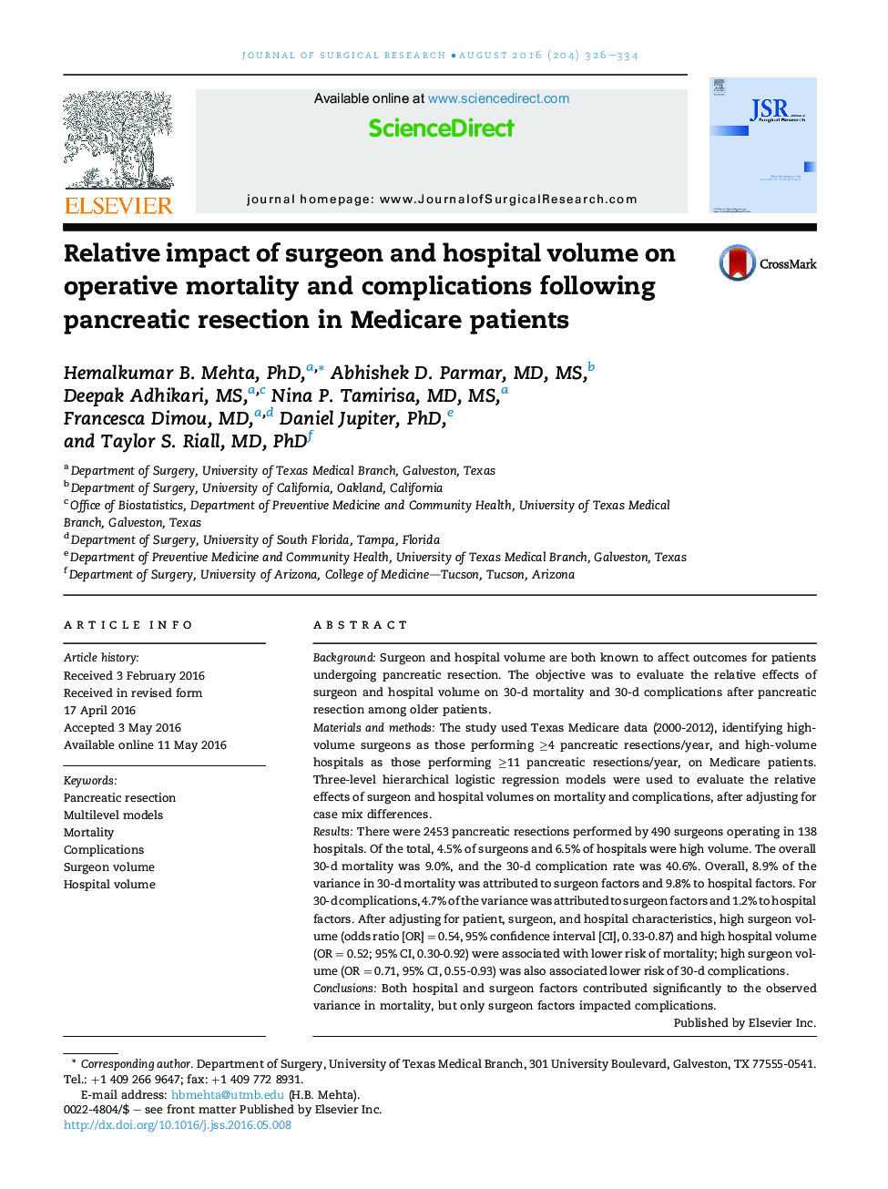 Relative impact of surgeon and hospital volume on operative mortality and complications following pancreatic resection in Medicare patients