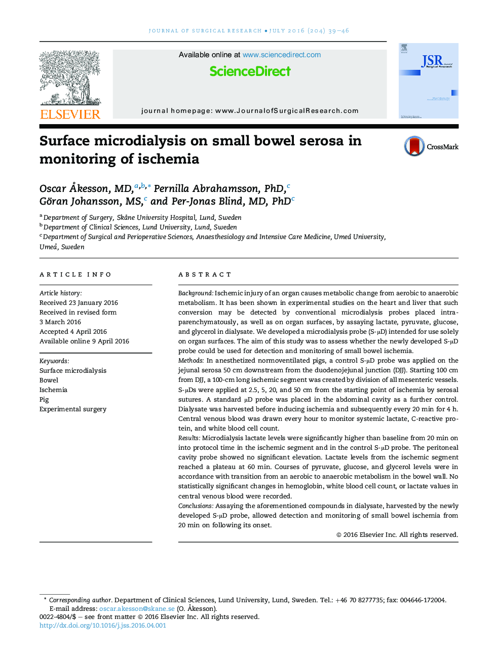 Surface microdialysis on small bowel serosa in monitoring of ischemia