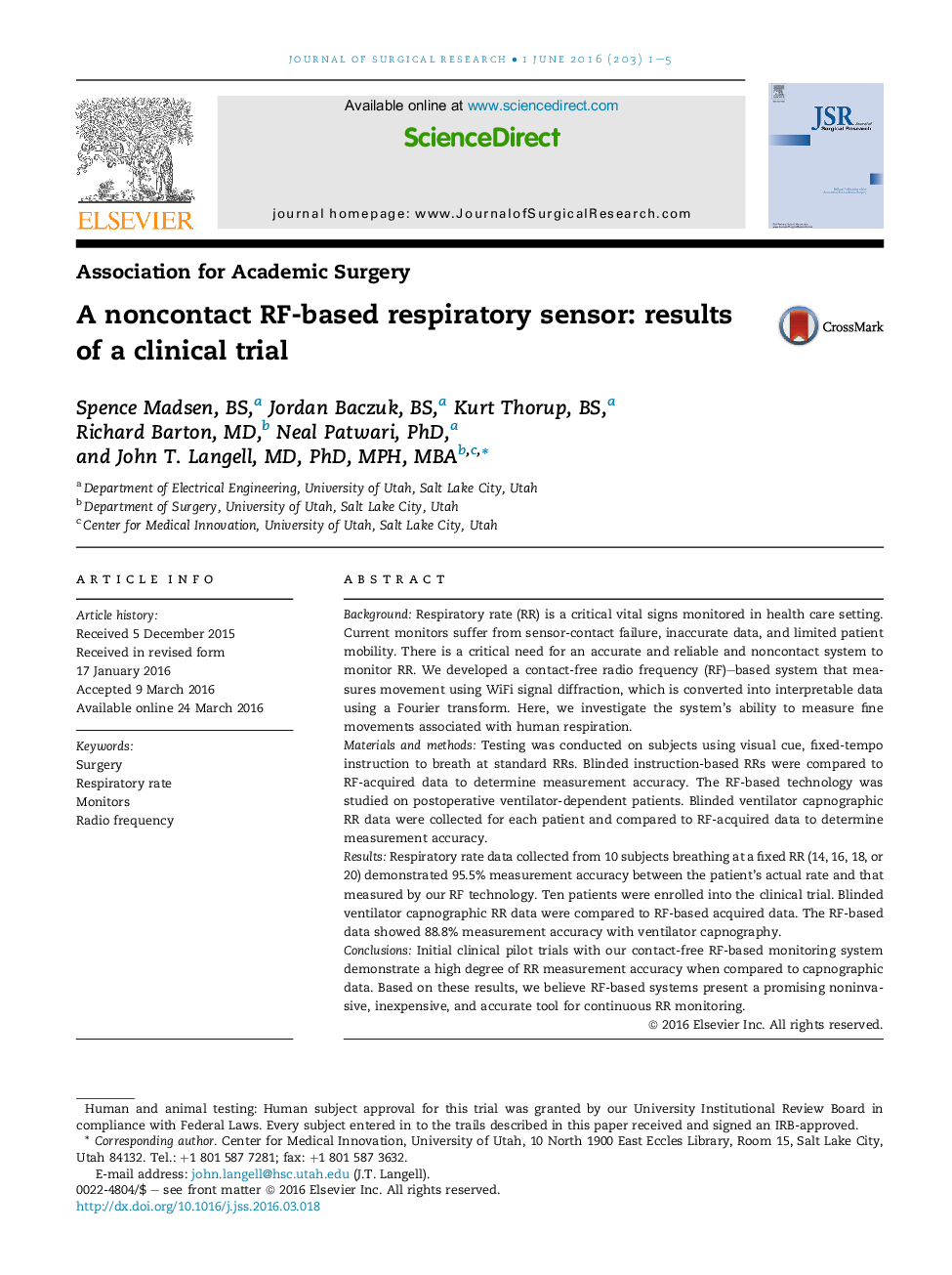 A noncontact RF-based respiratory sensor: results of a clinical trial 