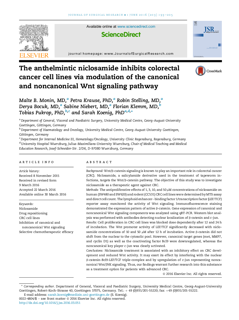 The anthelmintic niclosamide inhibits colorectal cancer cell lines via modulation of the canonical and noncanonical Wnt signaling pathway