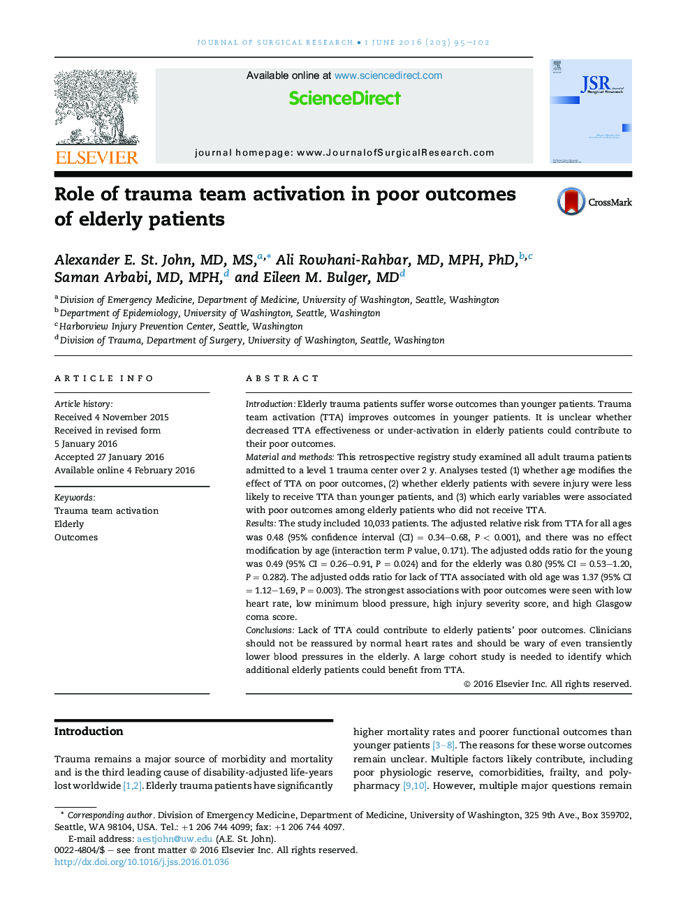 Role of trauma team activation in poor outcomes of elderly patients