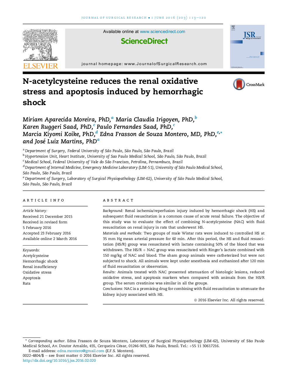 N-acetylcysteine reduces the renal oxidative stress and apoptosis induced by hemorrhagic shock