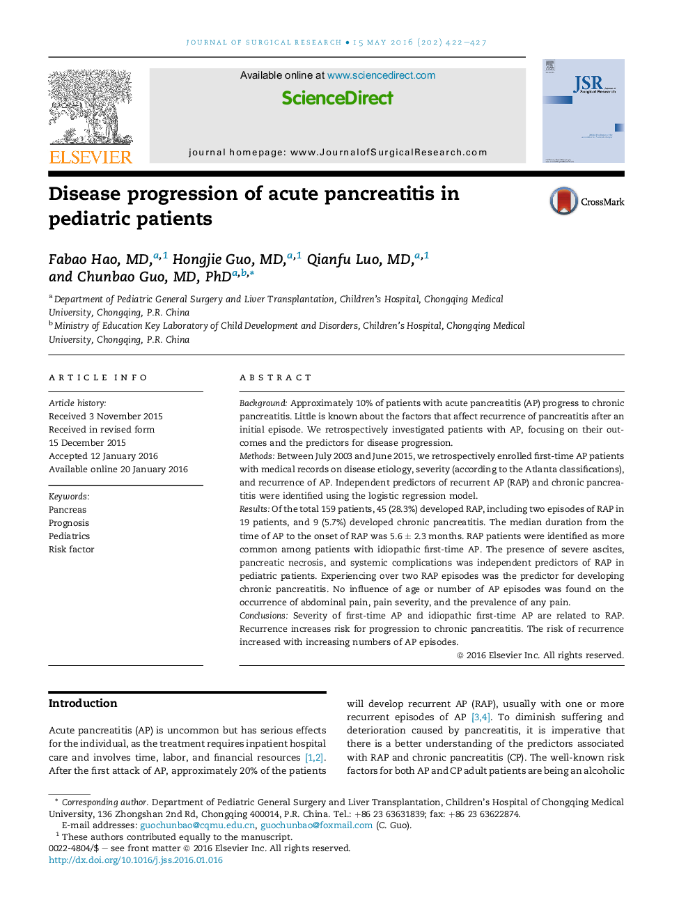 Disease progression of acute pancreatitis in pediatric patients