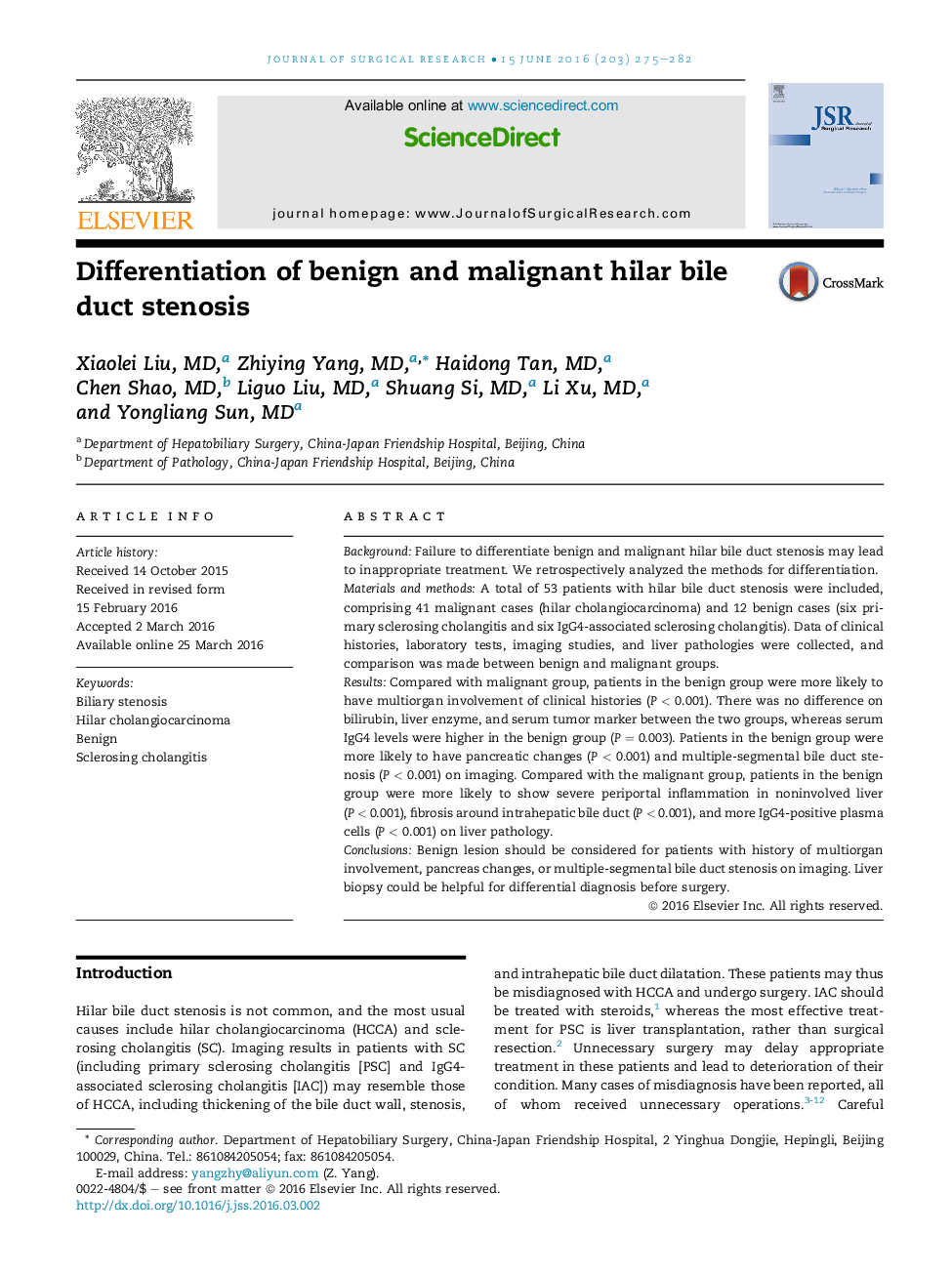 Differentiation of benign and malignant hilar bile duct stenosis