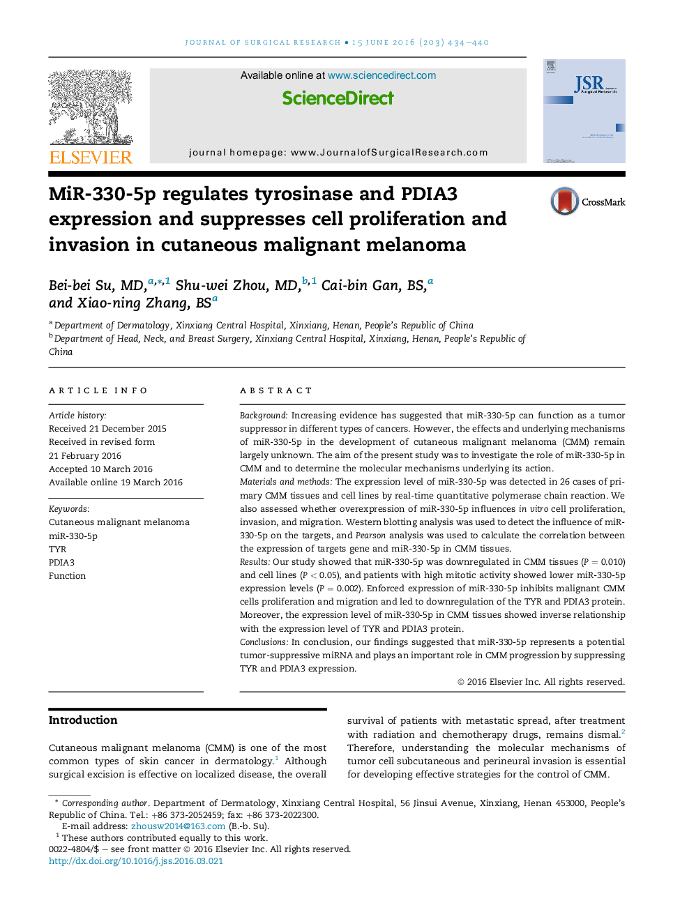 MiR-330-5p regulates tyrosinase and PDIA3 expression and suppresses cell proliferation and invasion in cutaneous malignant melanoma