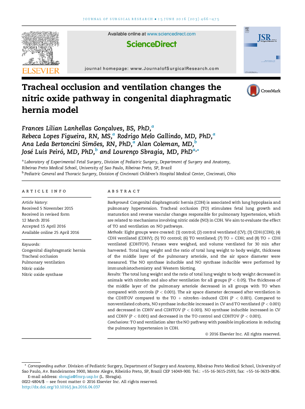 Tracheal occlusion and ventilation changes the nitric oxide pathway in congenital diaphragmatic hernia model