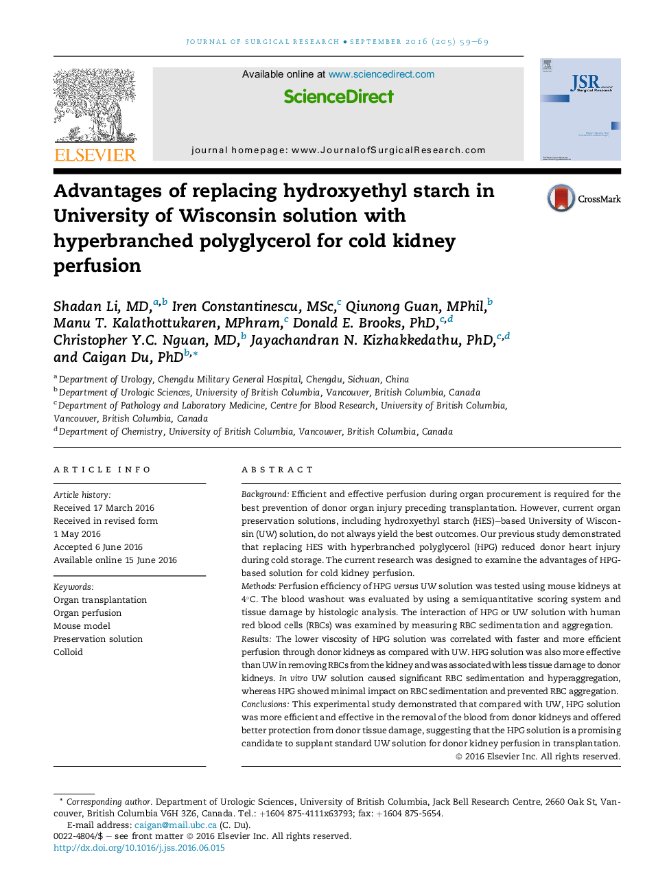 مزایای استفاده از جایگزین نشاسته هیدروکسی اتیل در محلول دانشگاه ویسکانسین با پلی گلیسرول پرفیوژن برای پرفیوژن سرپایی 