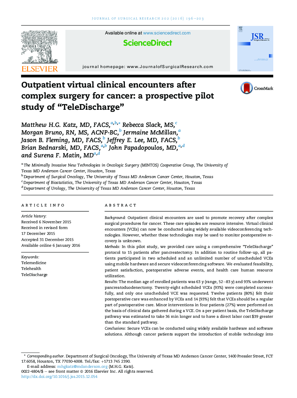 Outpatient virtual clinical encounters after complex surgery for cancer: a prospective pilot study of “TeleDischarge”