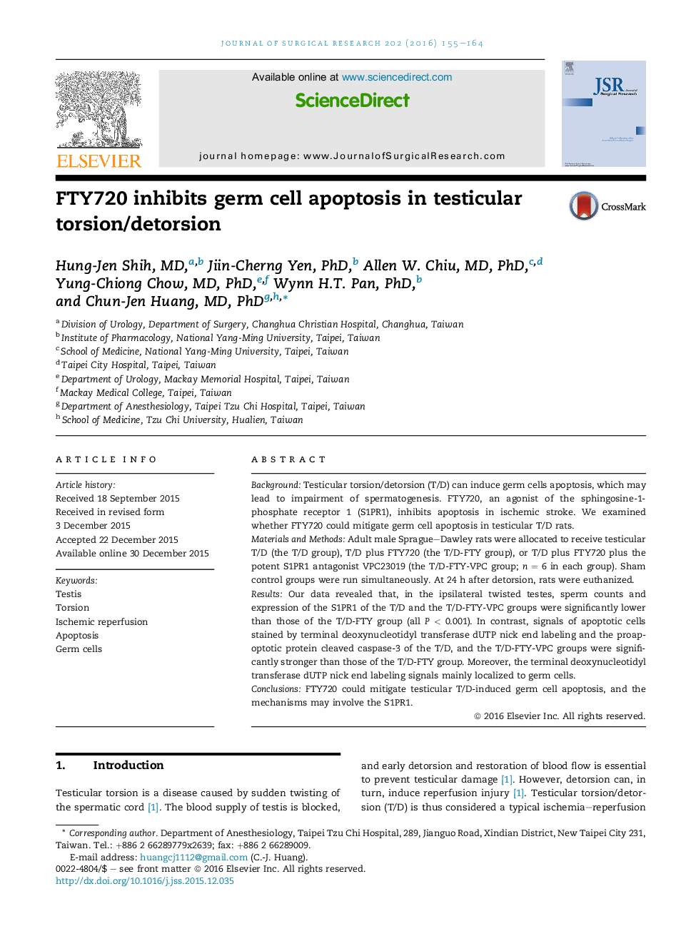 FTY720 inhibits germ cell apoptosis in testicular torsion/detorsion