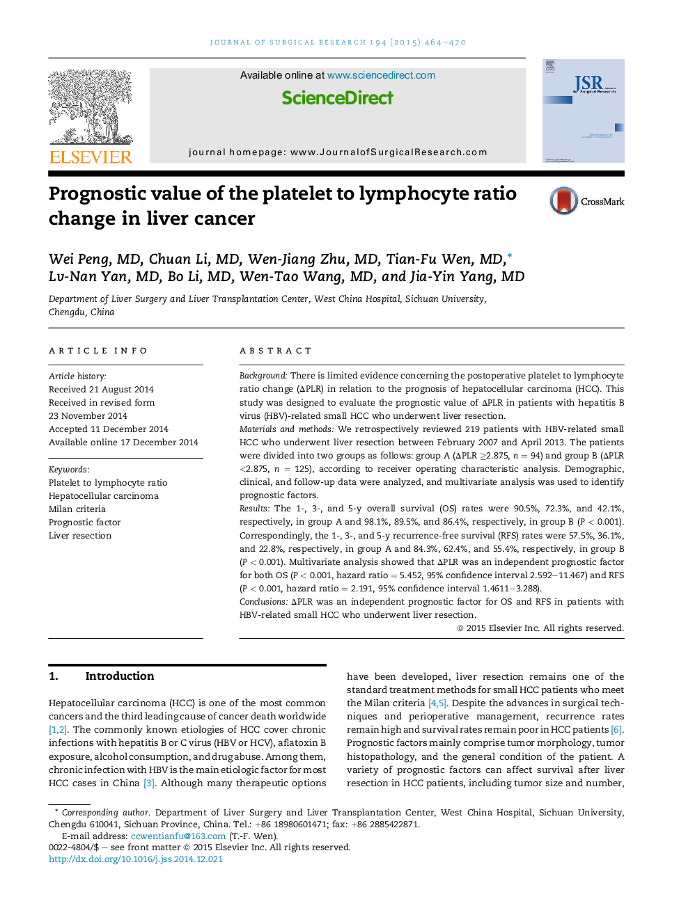 Prognostic value of the platelet to lymphocyte ratio change in liver cancer