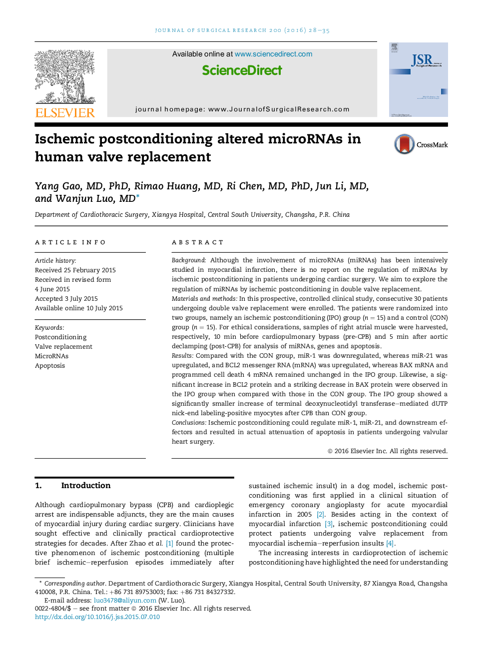 Ischemic postconditioning altered microRNAs in human valve replacement