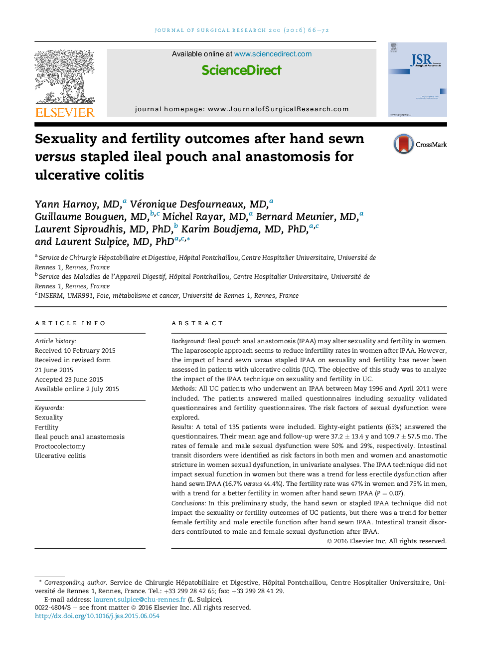 Sexuality and fertility outcomes after hand sewn versus stapled ileal pouch anal anastomosis for ulcerative colitis