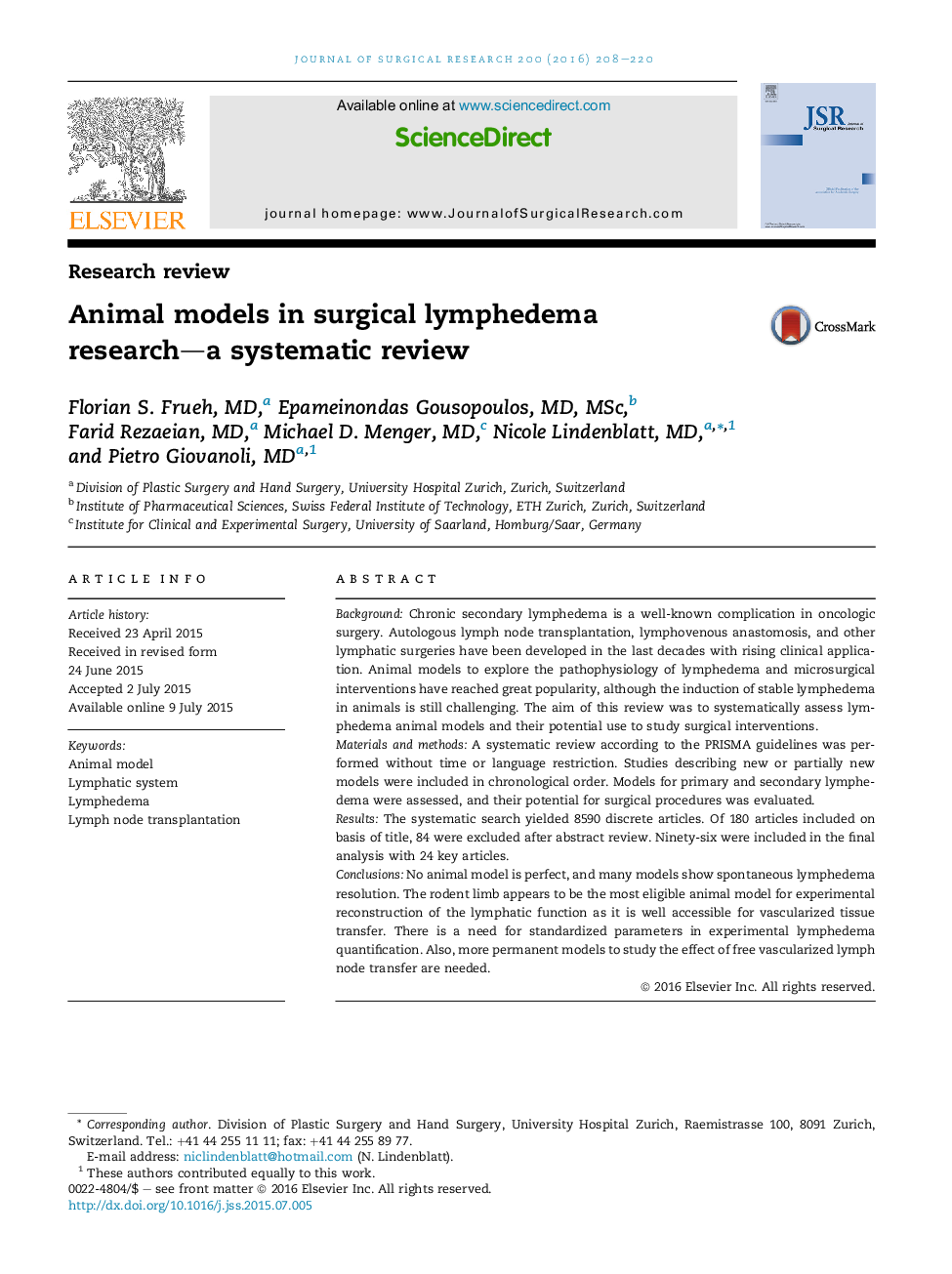 Animal models in surgical lymphedema research—a systematic review