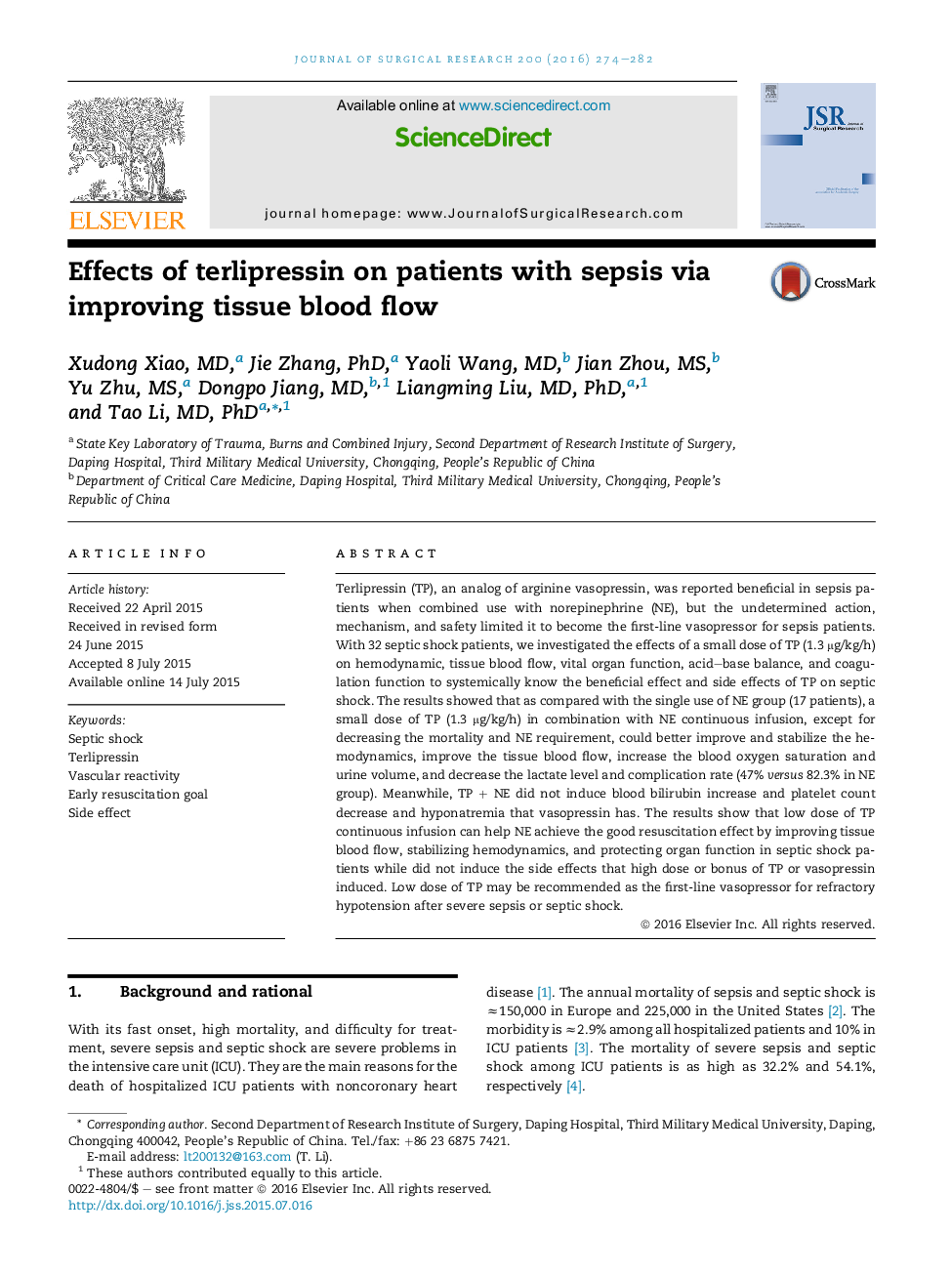 Effects of terlipressin on patients with sepsis via improving tissue blood flow