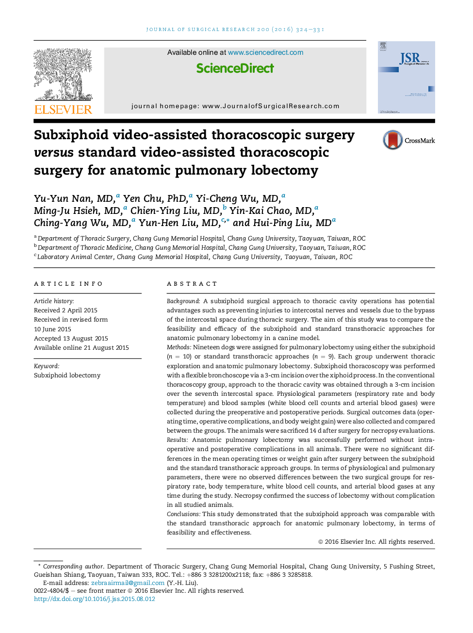 Subxiphoid video-assisted thoracoscopic surgery versus standard video-assisted thoracoscopic surgery for anatomic pulmonary lobectomy