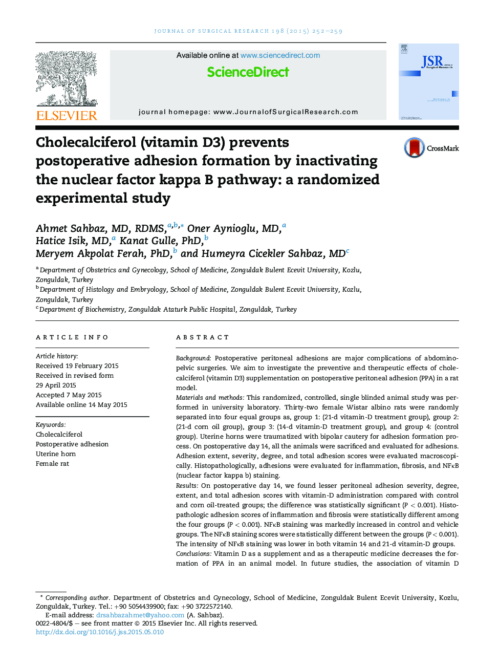 Cholecalciferol (vitamin D3) prevents postoperative adhesion formation by inactivating the nuclear factor kappa B pathway: a randomized experimental study