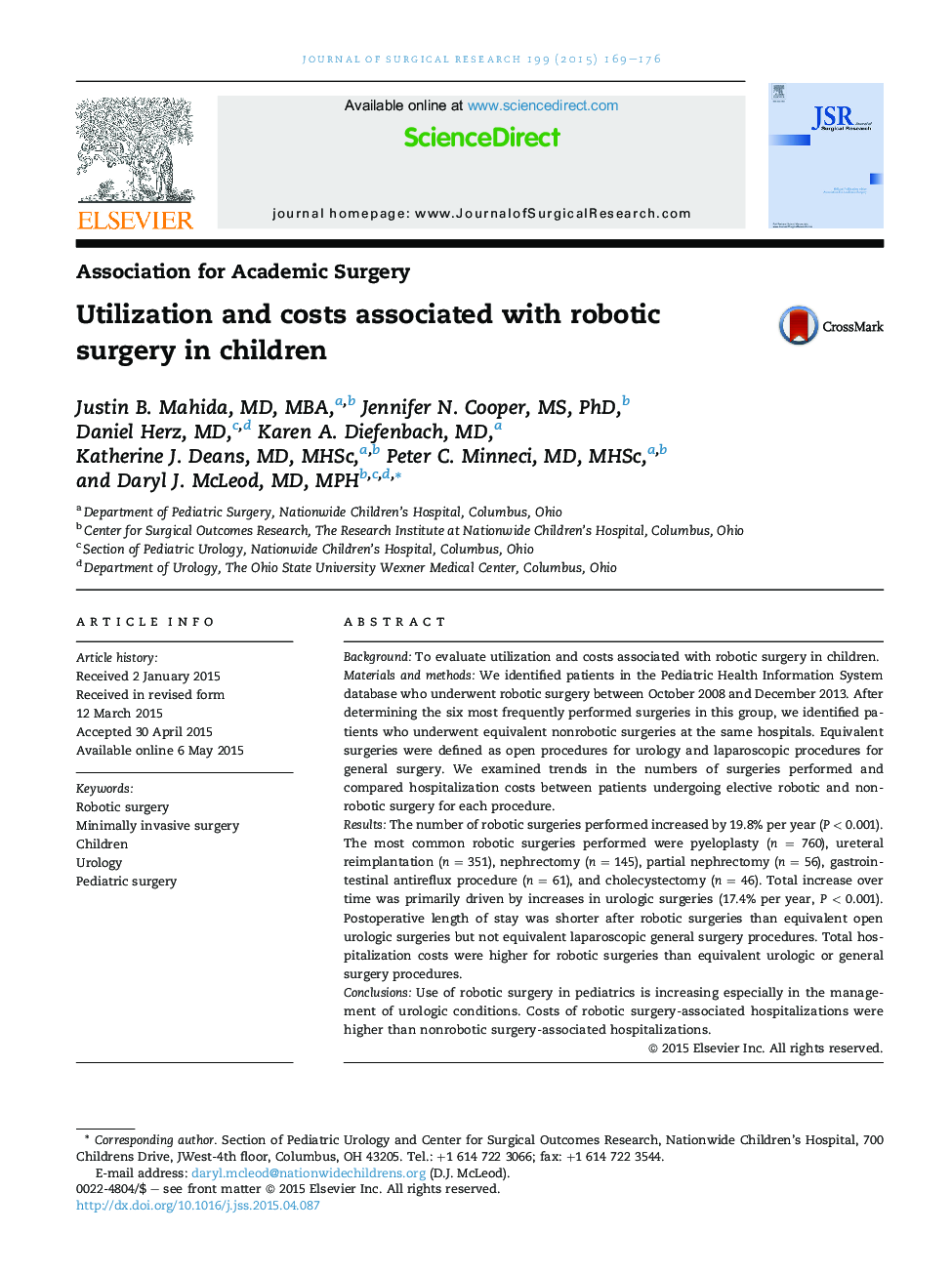 Utilization and costs associated with robotic surgery in children