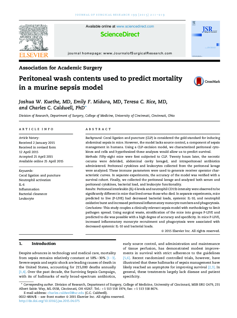 Peritoneal wash contents used to predict mortality in a murine sepsis model