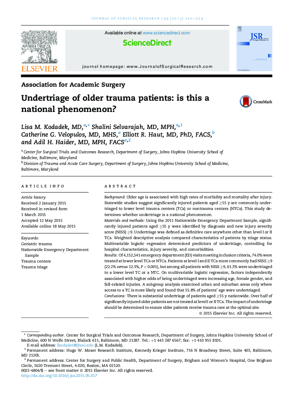 Undertriage of older trauma patients: is this a national phenomenon?