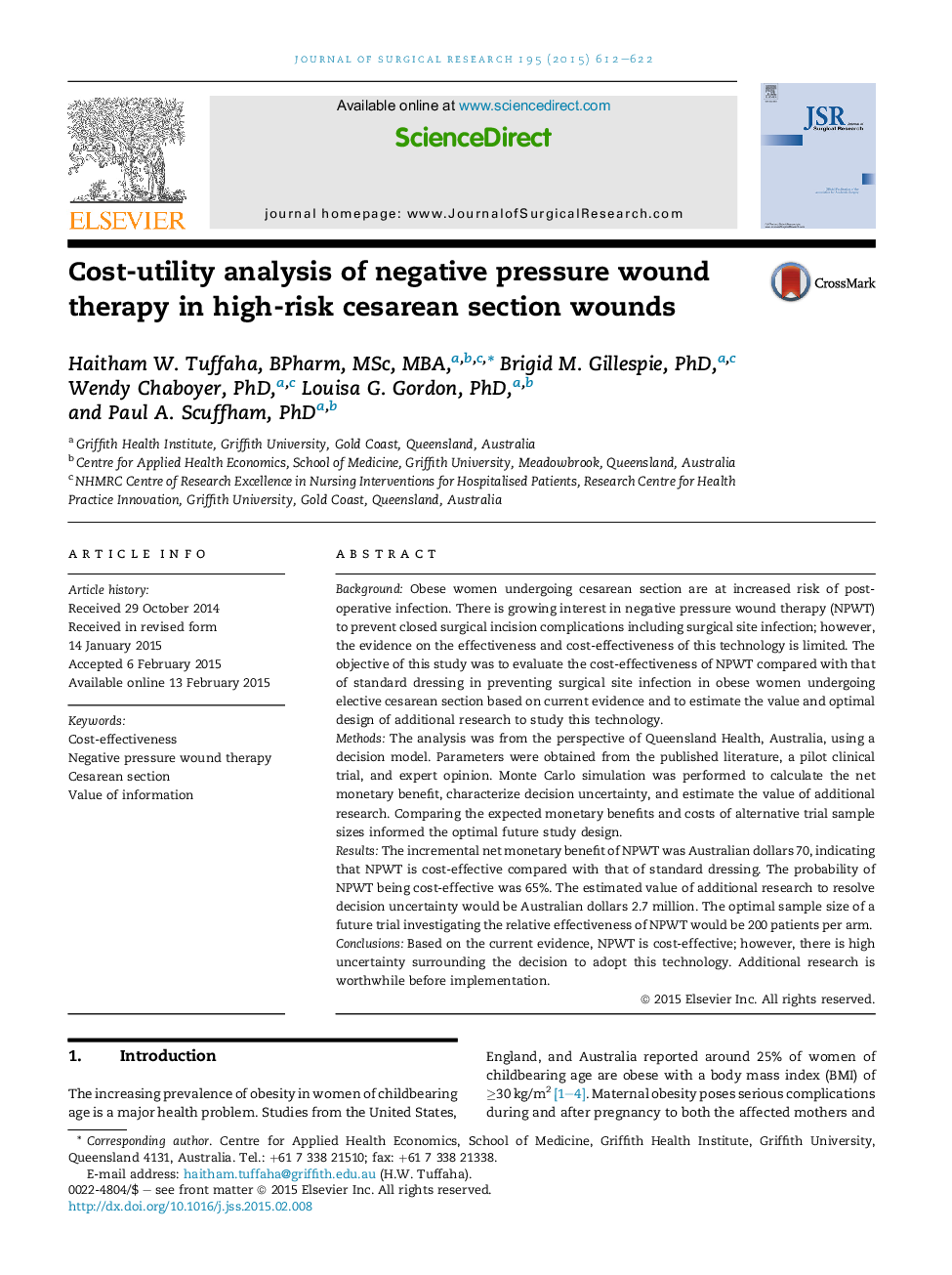 Cost-utility analysis of negative pressure wound therapy in high-risk cesarean section wounds