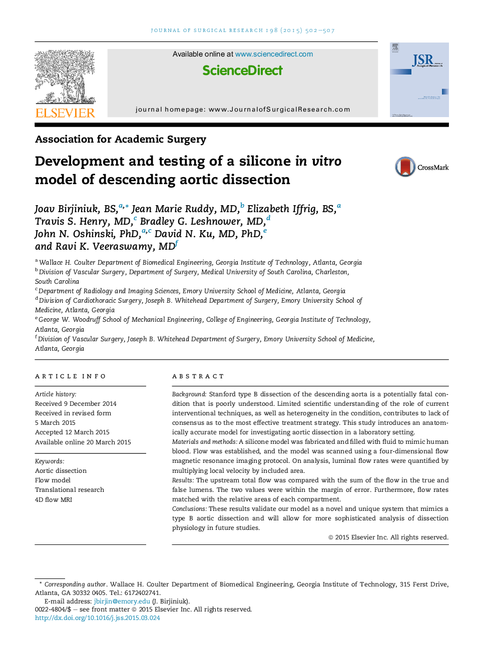توسعه و آزمایش یک سیلیکون در مدل آزمایشگاهی از تخریب نزولی آئورت 
