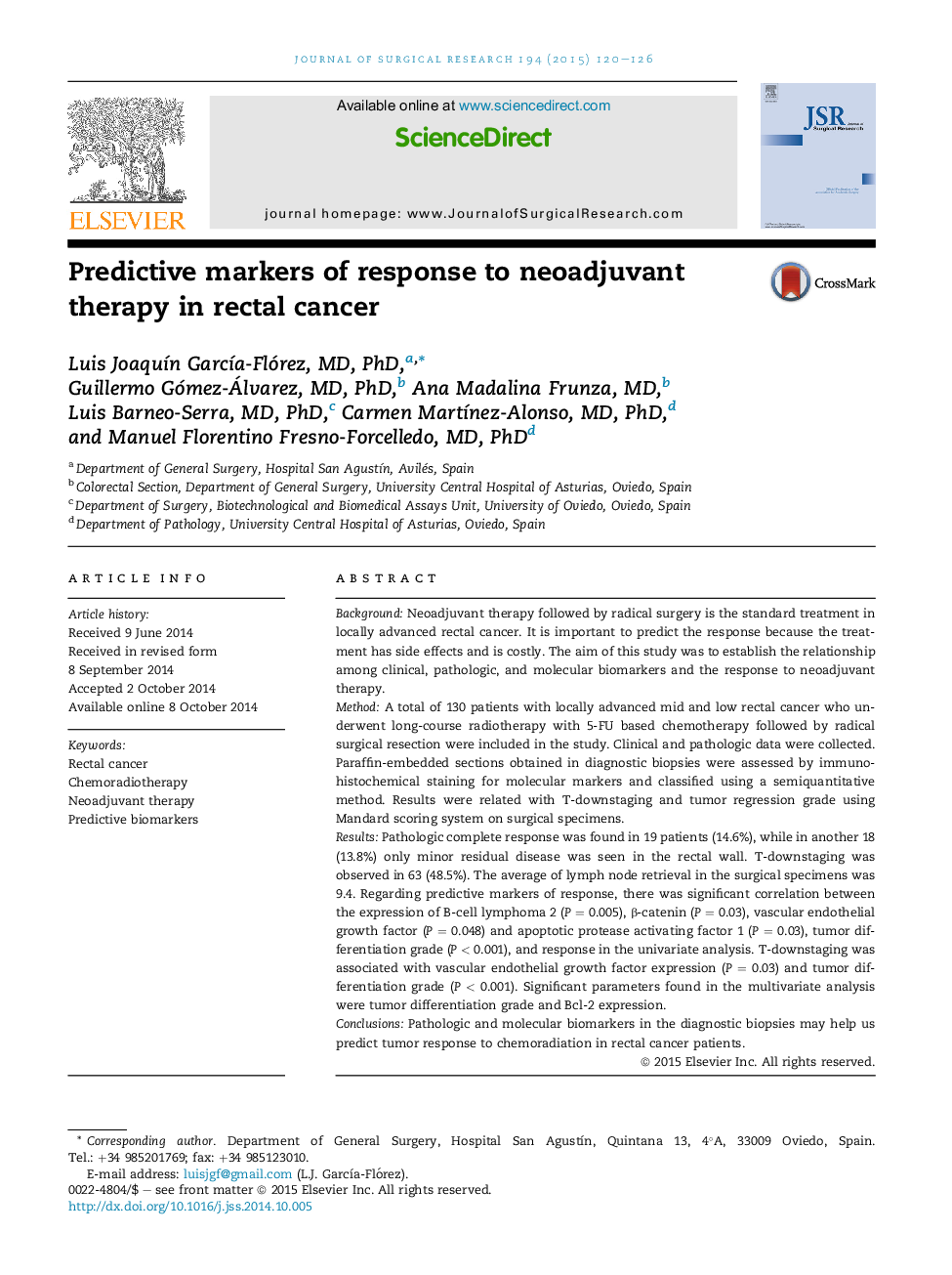 Predictive markers of response to neoadjuvant therapy in rectal cancer