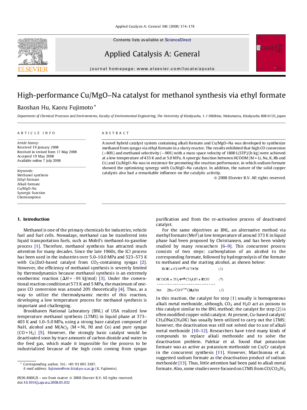 High-performance Cu/MgO–Na catalyst for methanol synthesis via ethyl formate