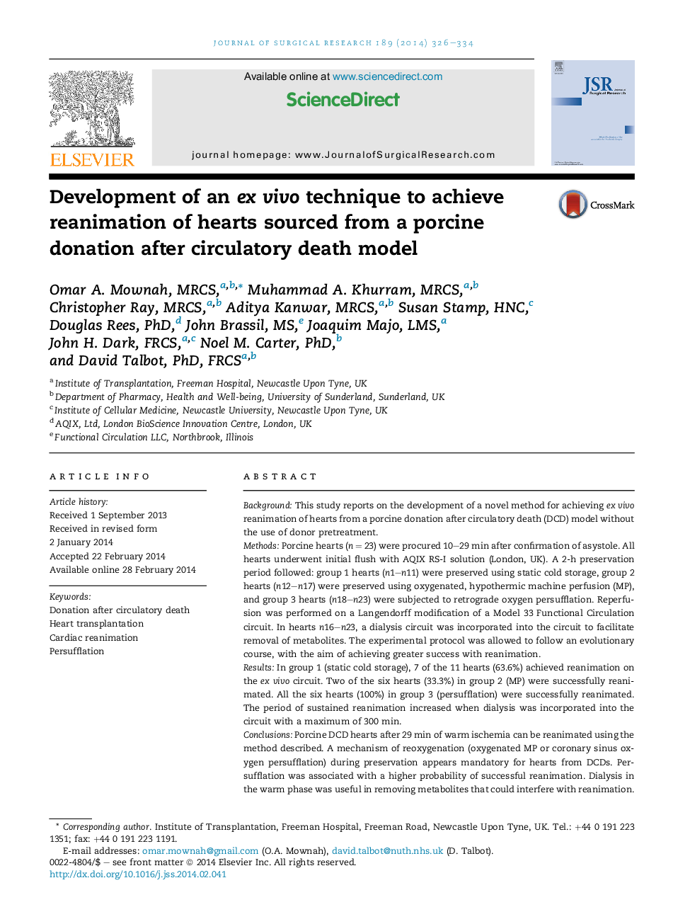 Development of an ex vivo technique to achieve reanimation of hearts sourced from a porcine donation after circulatory death model