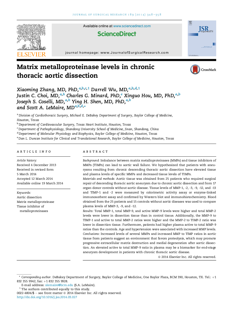 Matrix metalloproteinase levels in chronic thoracic aortic dissection