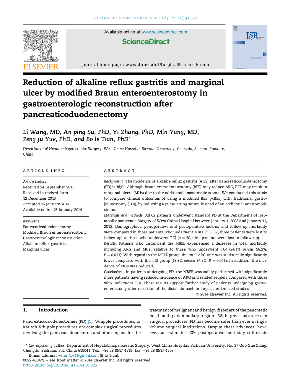 Reduction of alkaline reflux gastritis and marginal ulcer by modified Braun enteroenterostomy in gastroenterologic reconstruction after pancreaticoduodenectomy