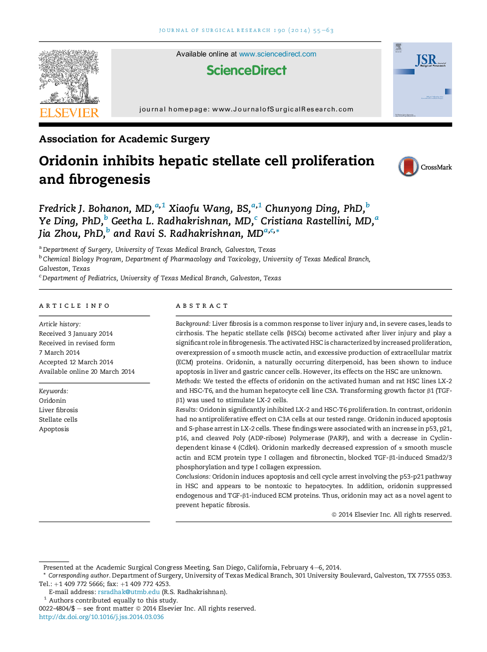 Oridonin inhibits hepatic stellate cell proliferation and fibrogenesis 