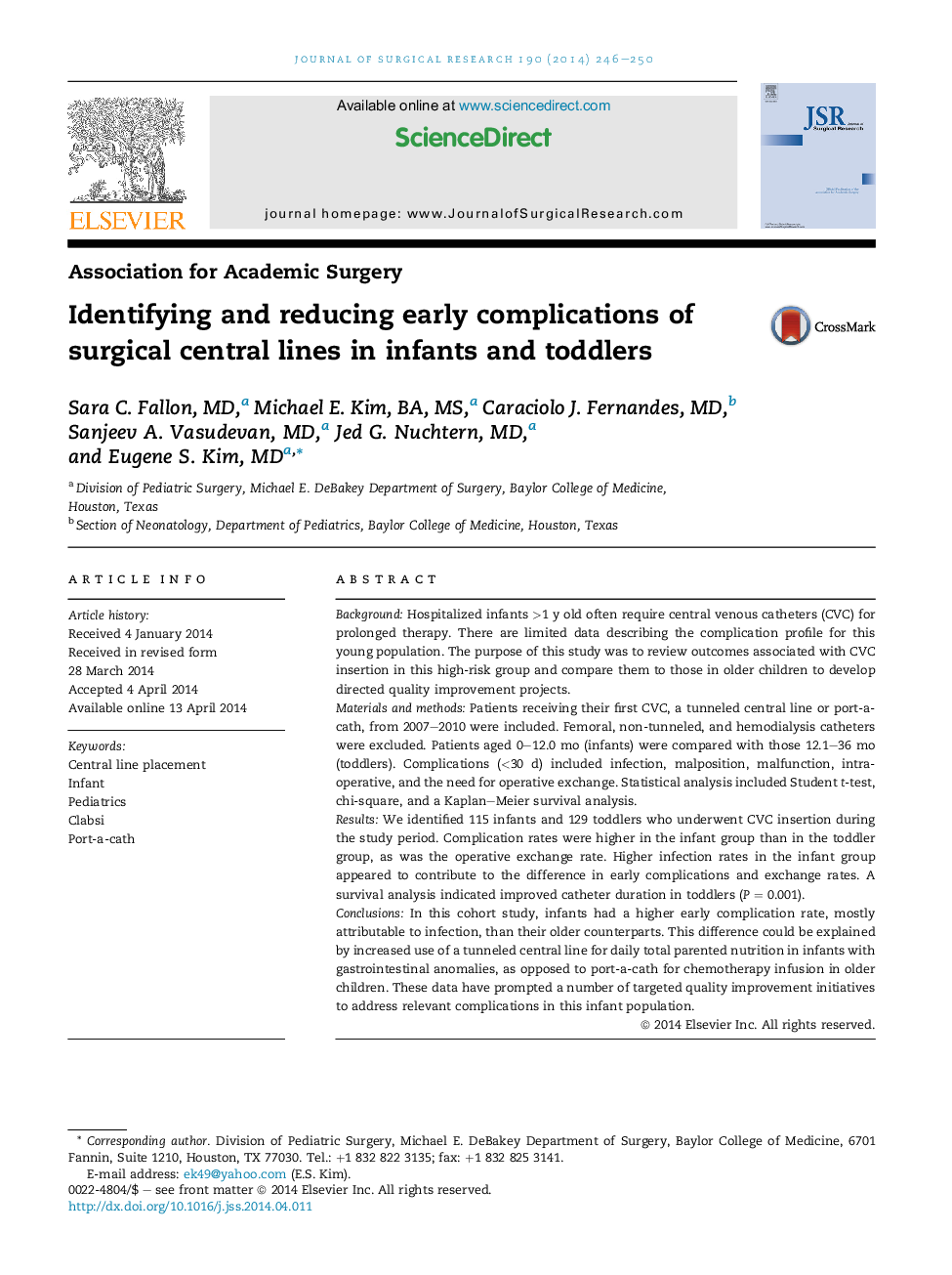 Identifying and reducing early complications of surgical central lines in infants and toddlers